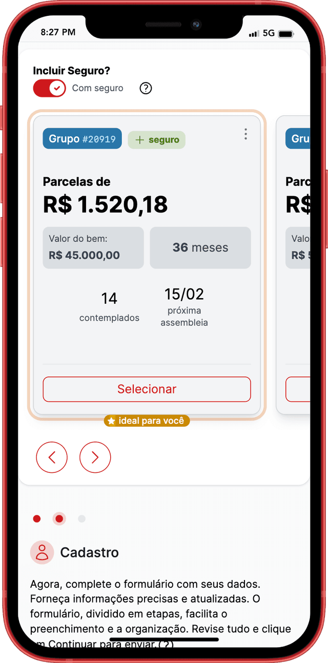 Pelo APP Embracon os consorciados acompanham a evolução do seu contrato, valores de parcelas, assembleias e muito mais. Tela de um celular mostrando a compra do Embracon pelo aplicativo