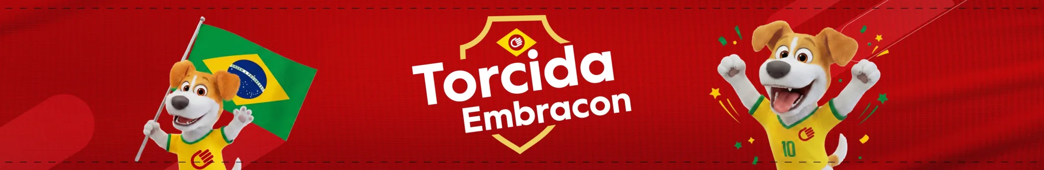 Testeira da Torcida Embracon: o Embracão segurando a bandeira do Brasil e comemorando um gol