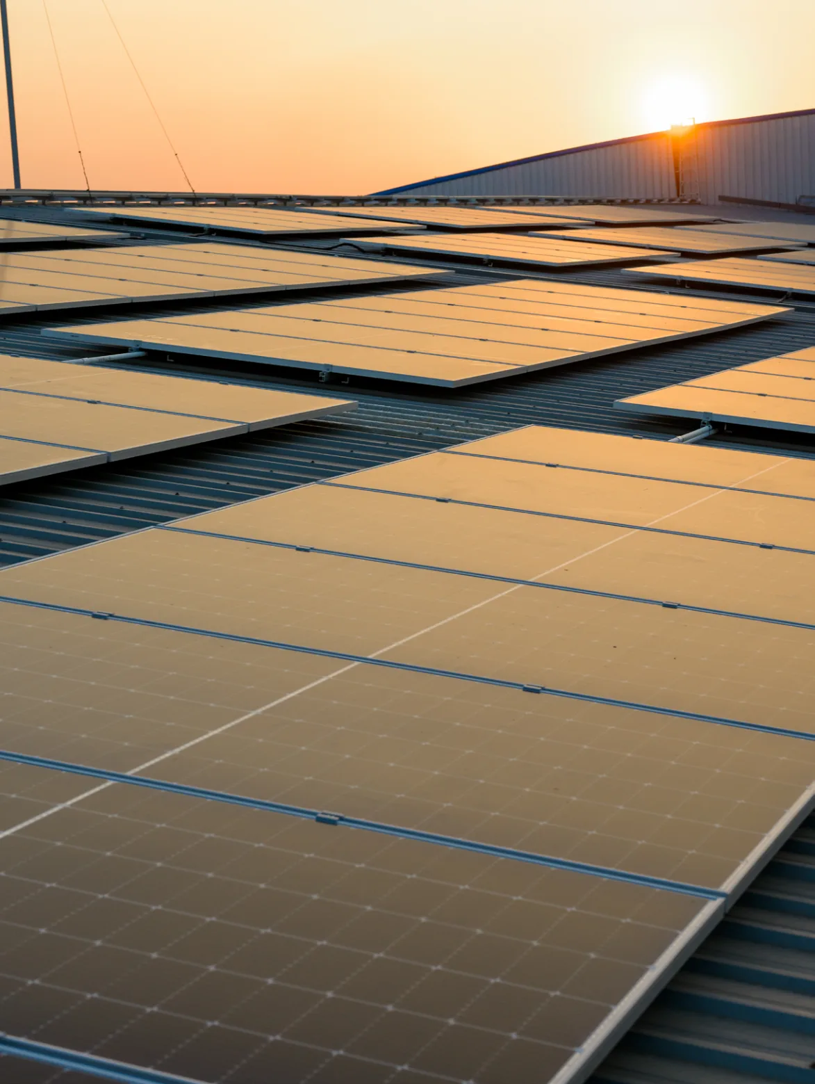Painéis solares na filial de Campinas ao pôr do sol