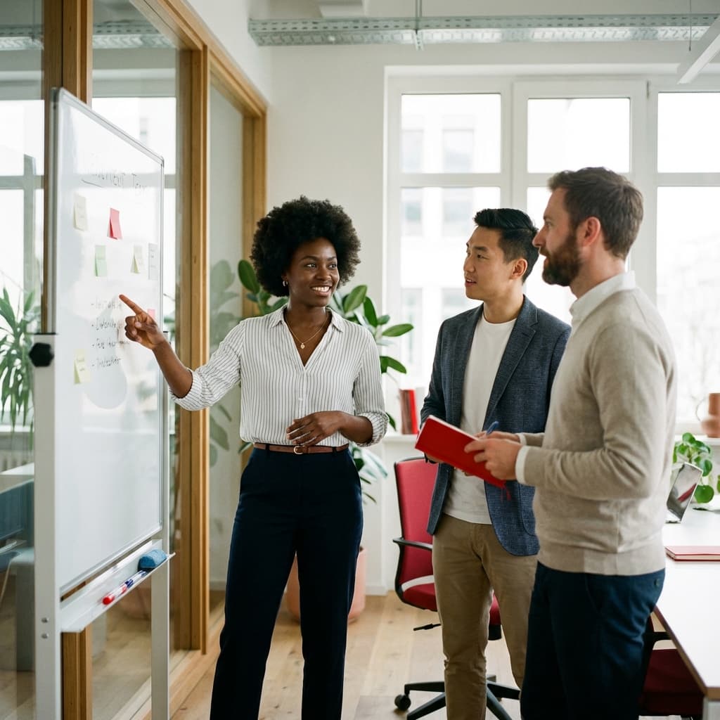 Grupo diverso de pessoas colaborando em um escritório moderno, simbolizando diversidade e inclusão